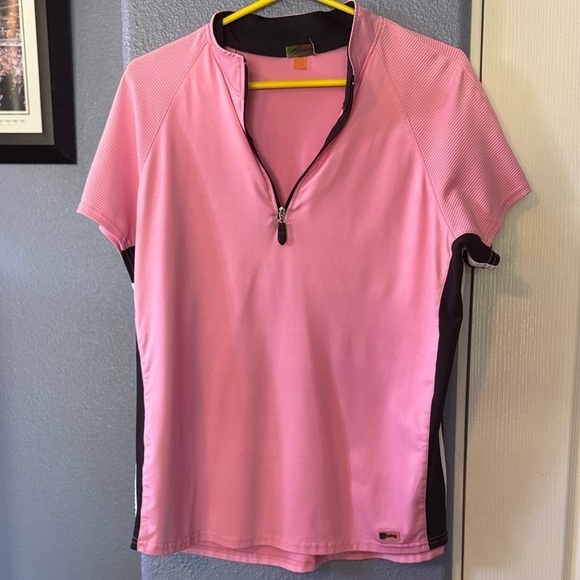Swing Tops - Stylish Pink and Black Half-Zip Women's Jersey